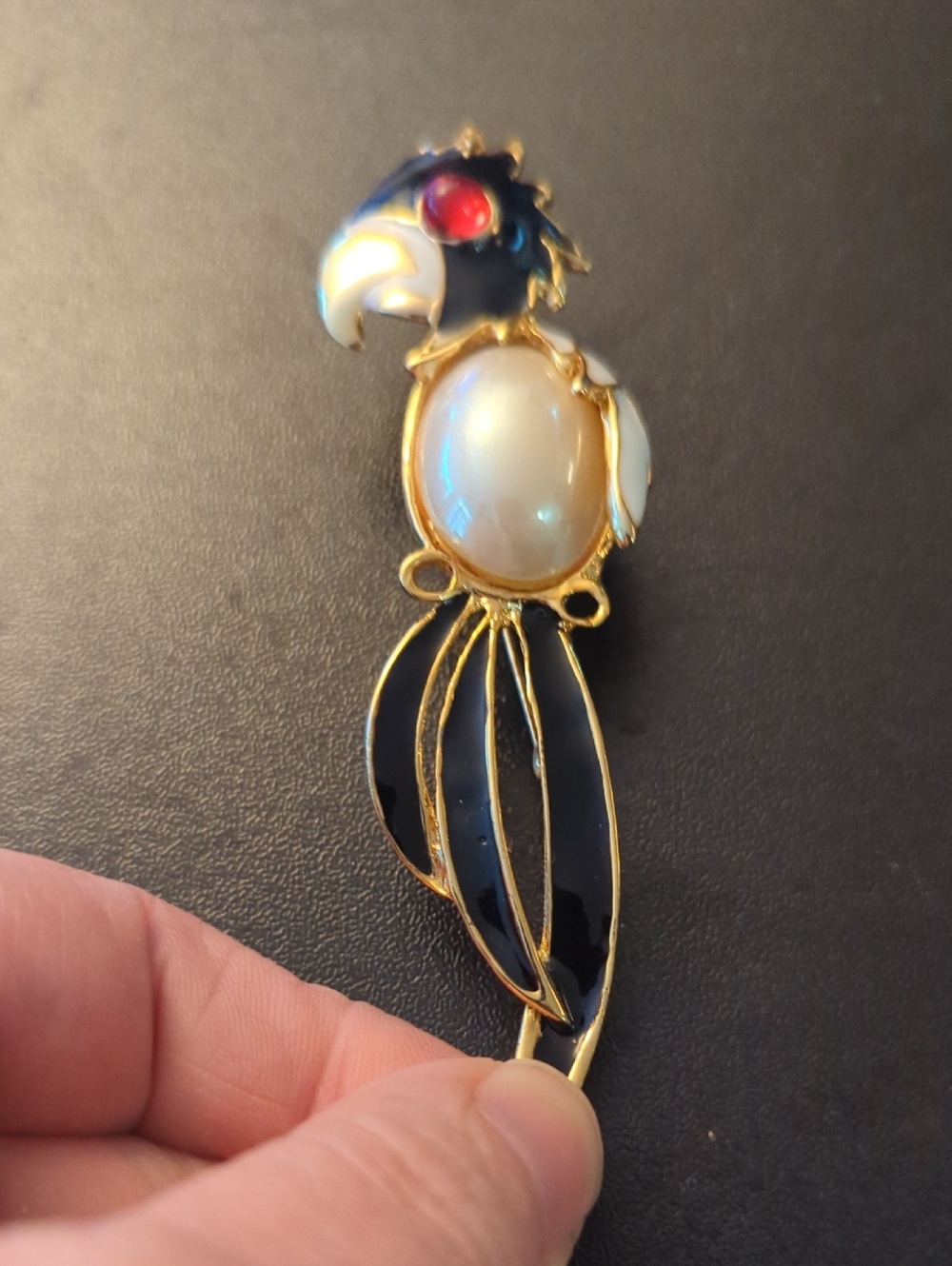 Vintage 1960s Enamel And Faux Pearl Parrot Brooch